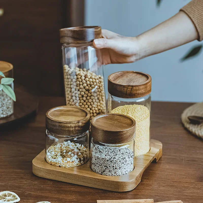 Food Storage Jar Set - وعاء زجاجي بغطاء خشبي ، علبة